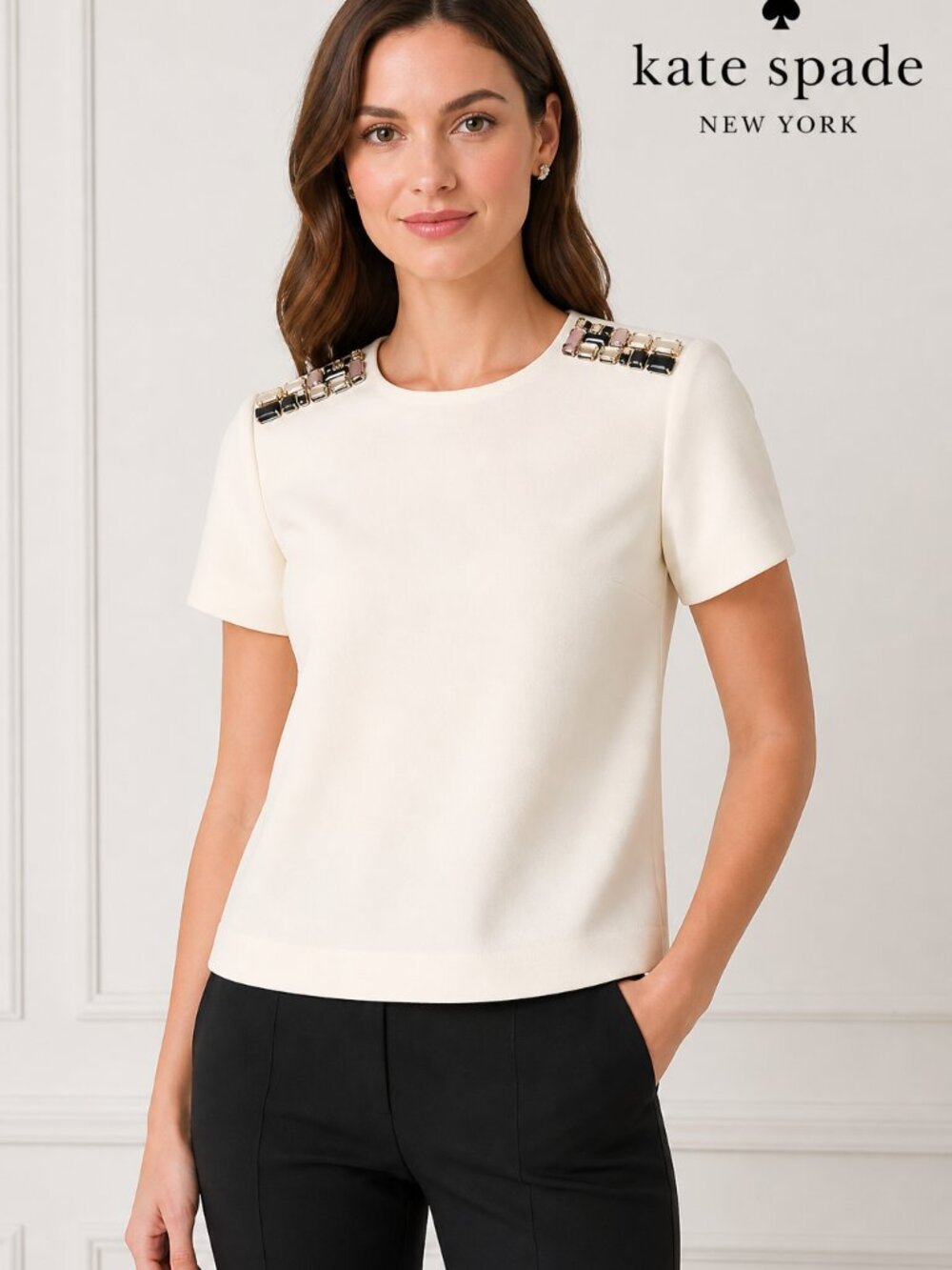 Kate Spade Embellished Blouse Size 2 | Cream Short Sleeve Top | Jewel Shoulder D